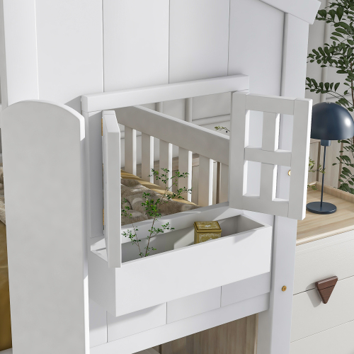 Twin over Twin House Bunk Bed with Roof , Window, Window Box, Door , with Safety Guardrails and Ladder,White、、casual