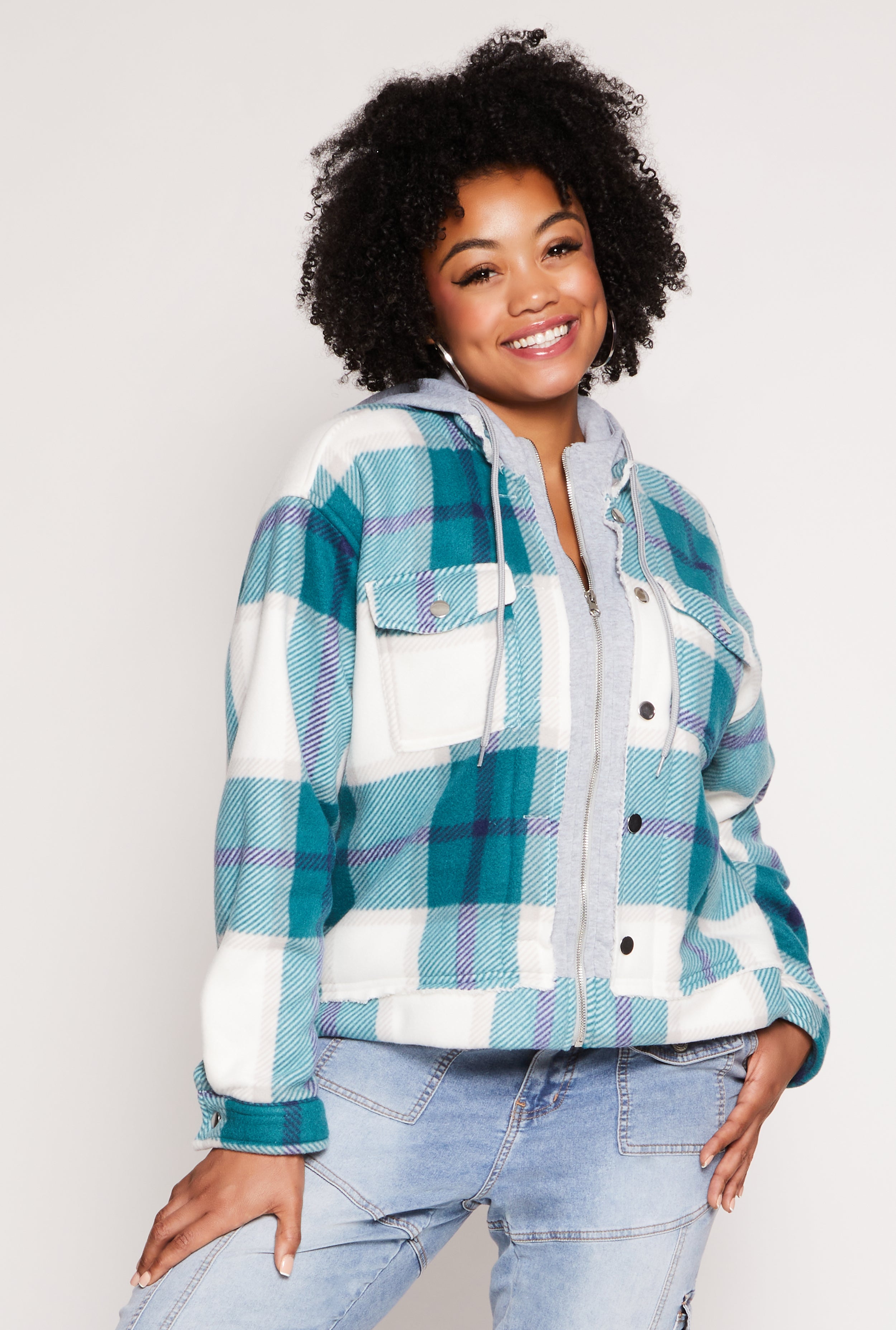 Plus Size Plaid Hooded Zip Front Jacket、mySite、camillekostekn