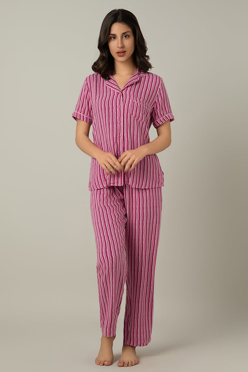  Half-sleeves Sleep PJ Set - Fuchsia Stripe Print、mySite、justintrudeaud