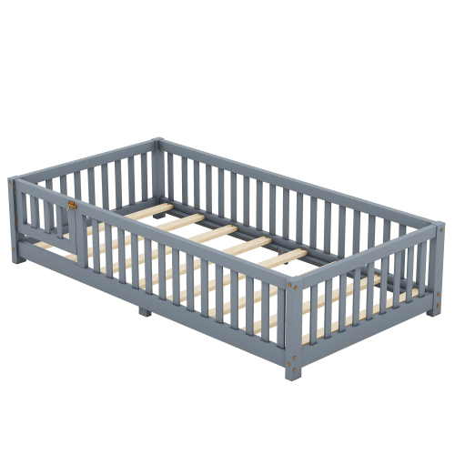 Twin Size Bed Floor Bed with Safety Guardrails and Door for Kids, Natural(Old SKU: W158090686)、、casual