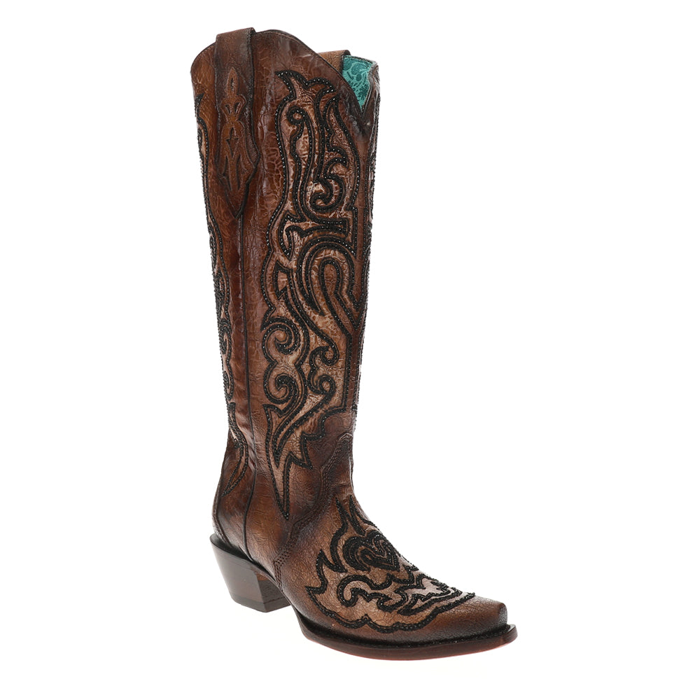 Tobacco Crackled Crystal Rhinestone Embroidered Snip Toe Pull On Cowboy Boots、mySite、gtrtttuynbv