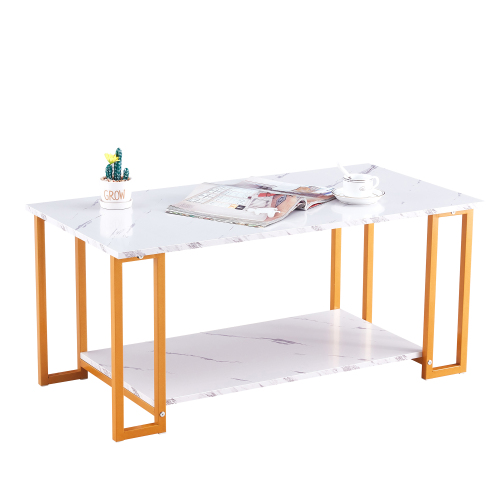 D&N Coffee Table, 2 Layers 1.5cm Thick Marble MDF Rectangle 39.37" L Tabletop Iron Coffee Table , Dining Room, Coffee Shop, Resterant, White Top, Black Leg、、casual