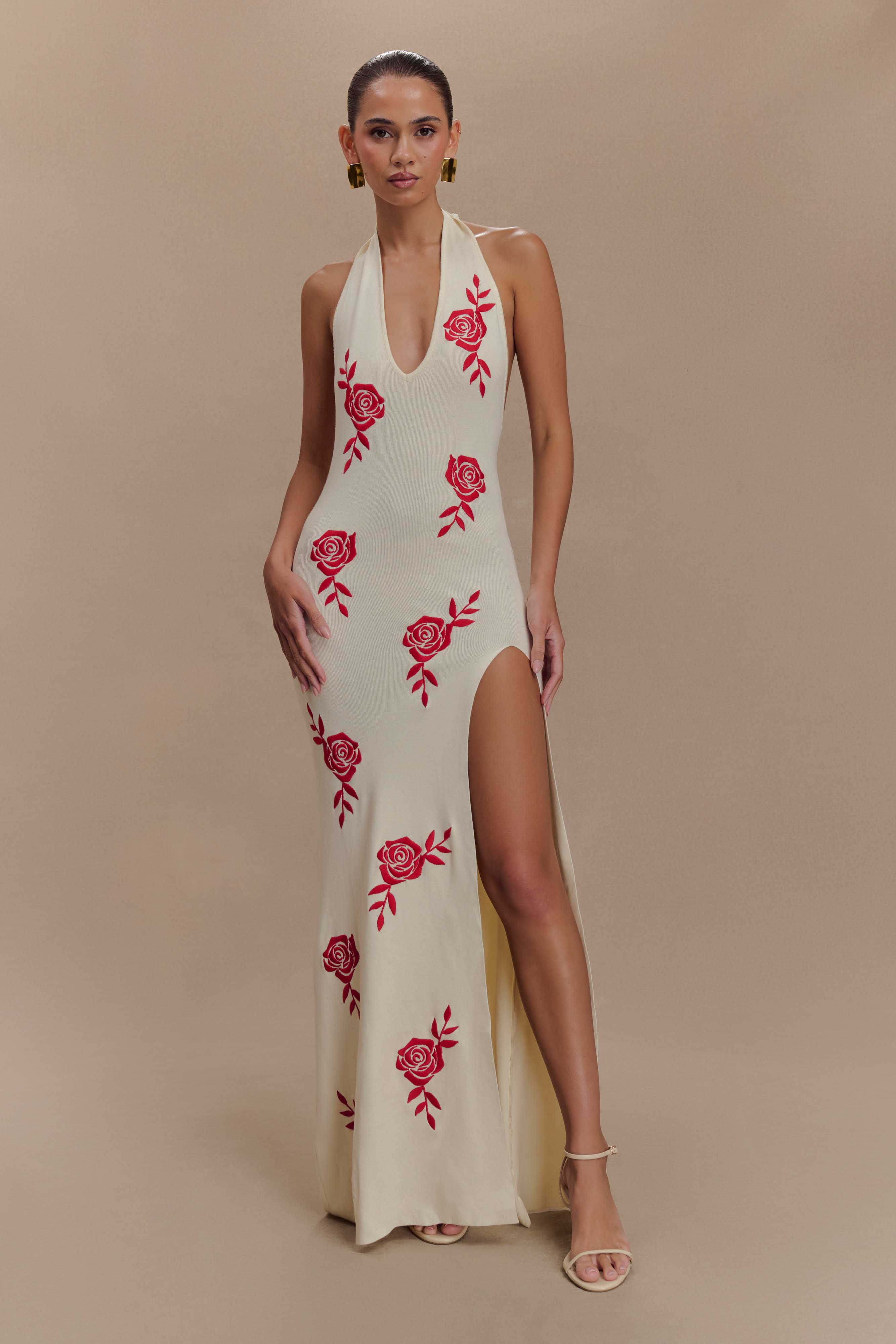 Shiloh Rose Knit Halter Maxi Dress - Ivory、mySite、solidvoid