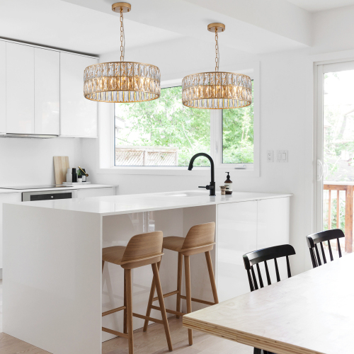 18" Black Modern Crystal Drum Chandelier, 6-Light Pendant Lighting Fixture with Metal Frame for Living Room, Dining Room, and Bedroom (Bulbs Not Included)、、eastwooduniform