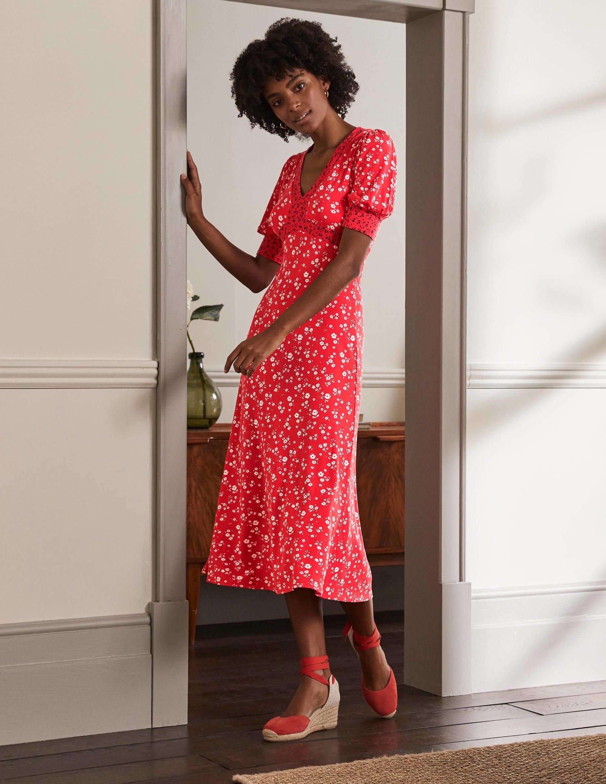  Eva Jersey Midi Dress-Cherry Red, Floral Sprig、mySite、ashleygrahame