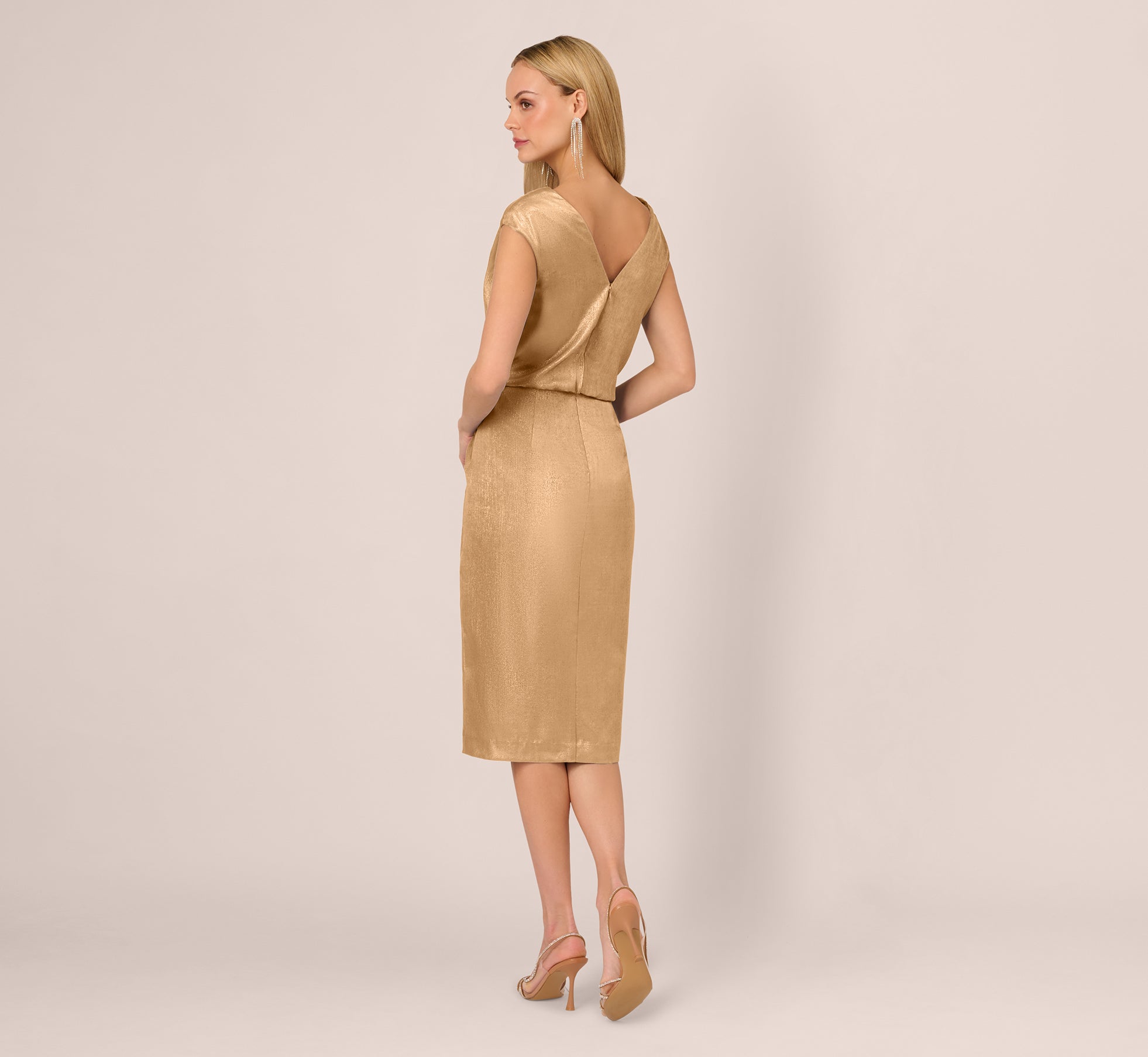 Foil Blouson Midi Dress With Faux Wrap Skirt In Light Gold、mySite、solidvoid