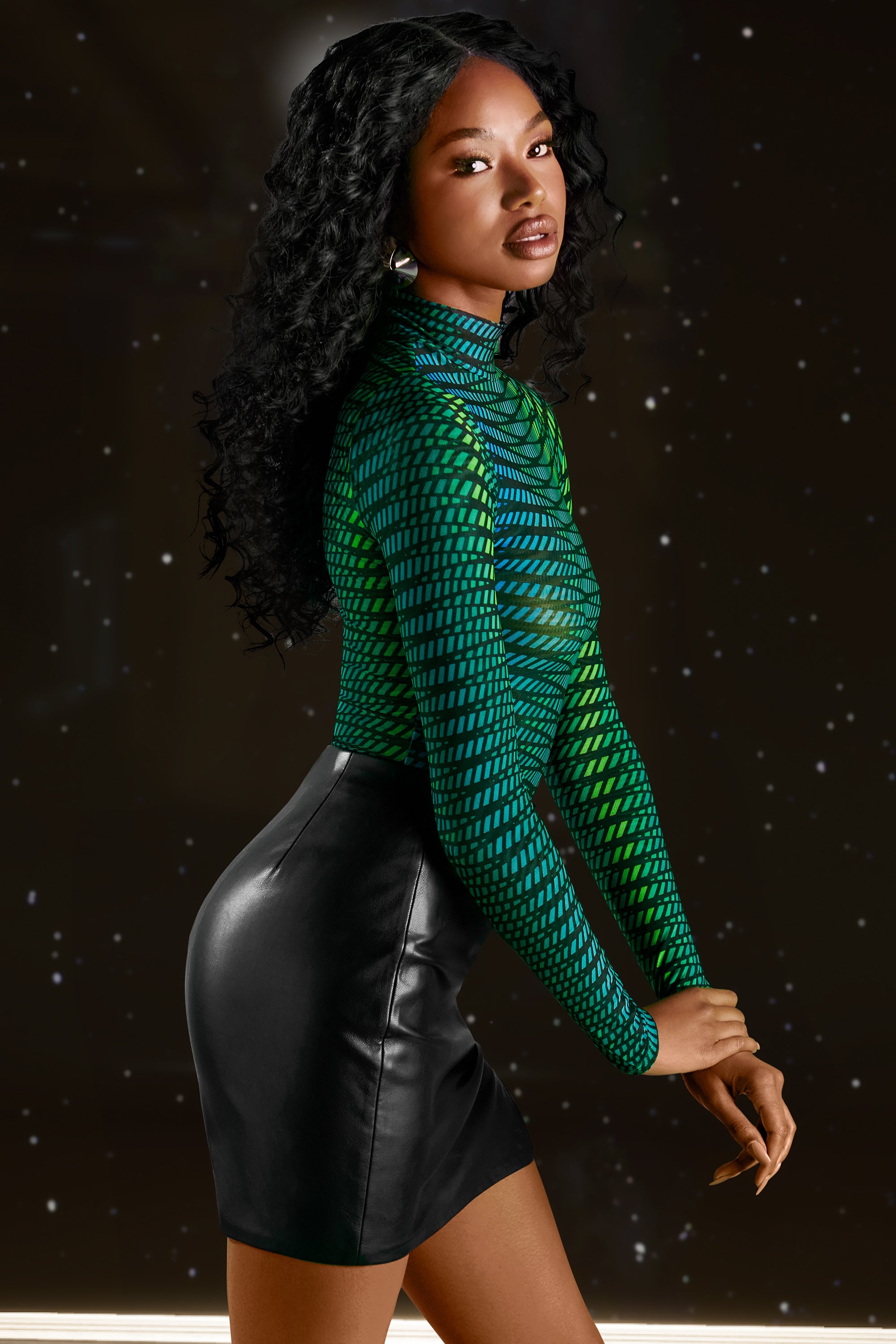 High Neck Mesh Bodysuit in Striped Print、mySite、solidvoid