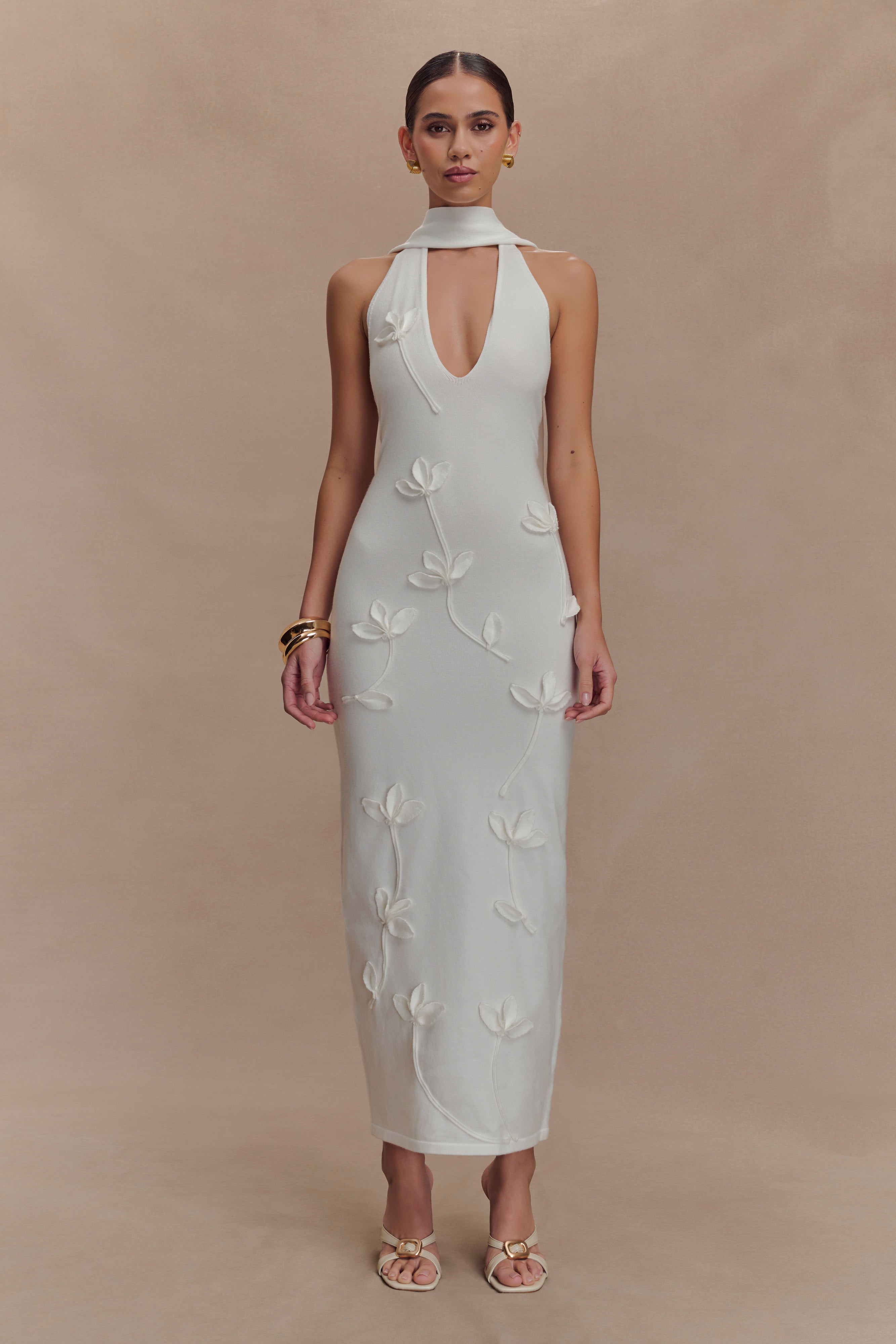 Wynn Floral Knit Midi Dress - White、mySite、solidvoid