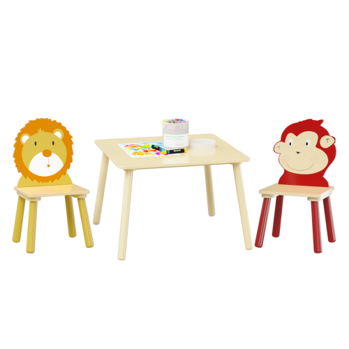Kids Table and 2 Chairs Set, 3 Pieces Toddler Table and Chair Set, Wooden Activity Play Table Set (Lion&Monkey)、、casual