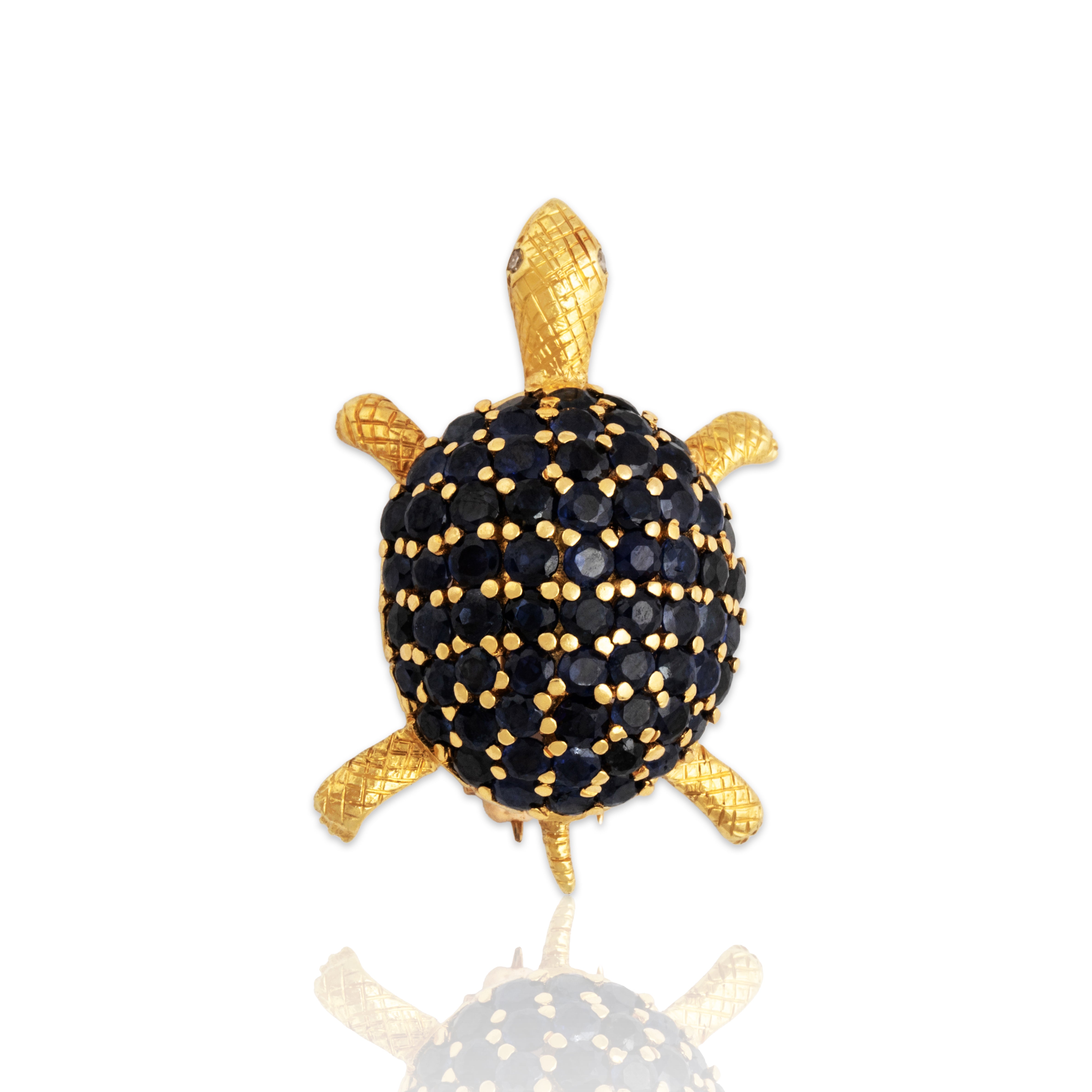 Vintage Heavy 18k Yellow Gold 3.3cttw Sapphire Diamond Delightful Turtle Brooch、mySite、hinf8tx79