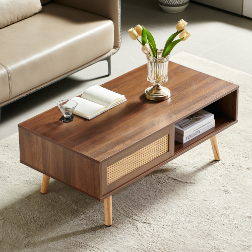 41.34" Rattan Coffee table, sliding door for storage, solid wood legs, Modern table for living room , natural、、casual