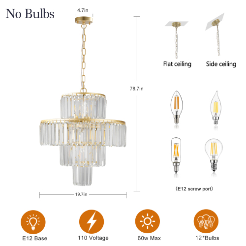 (Same as W1340126461/L5023) 20" Luxury 4-Tier Crystal Chandelier, 12-Light Gold Frame Pendant Light, Elegant Ceiling Lighting for Living Room, Dining Room, Bedroom (No Bulbs)、、eastwooduniform