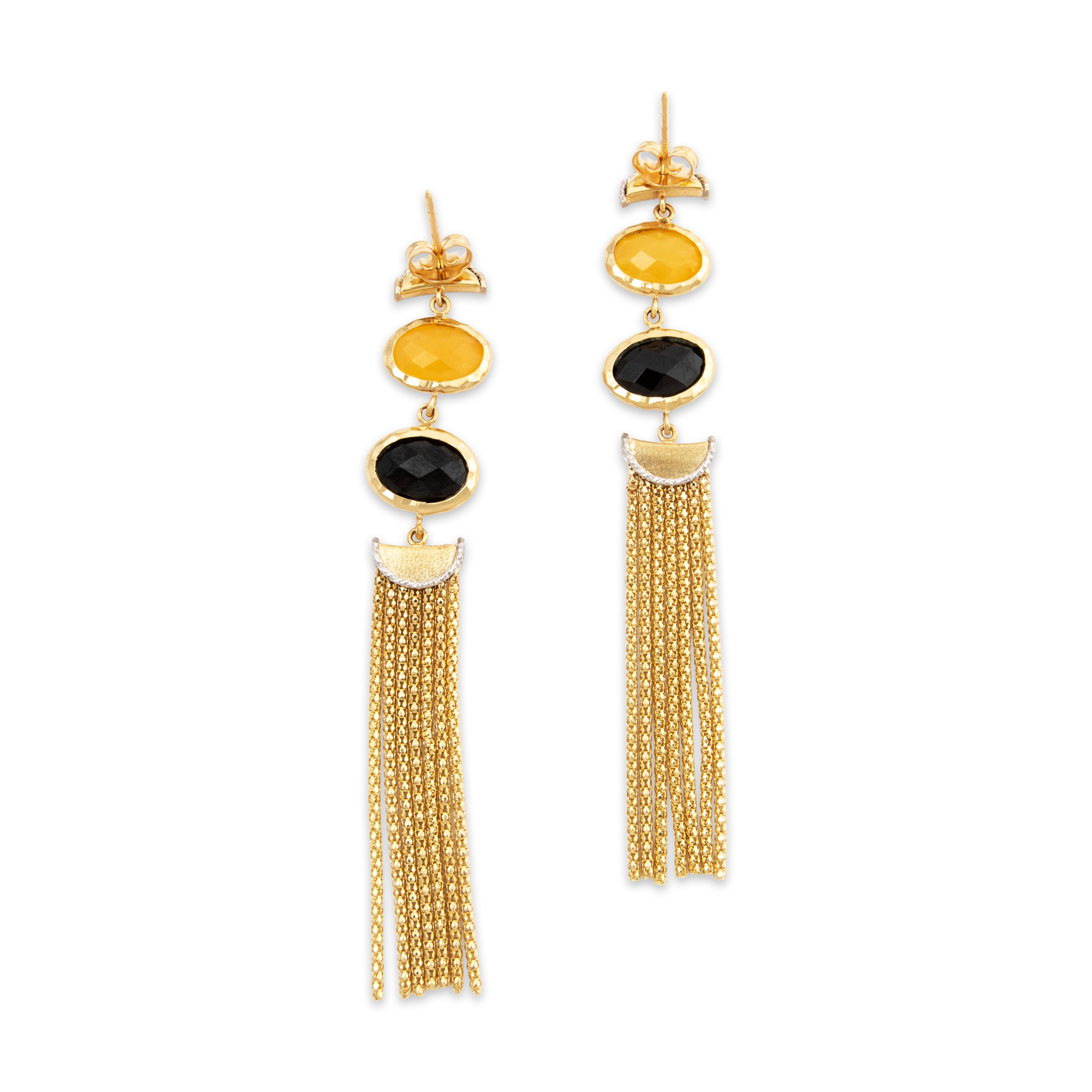Vintage Italian Large 14k Yellow & White Gold Aventurine Onyx Fringe Earrings、mySite、hinf8tx79