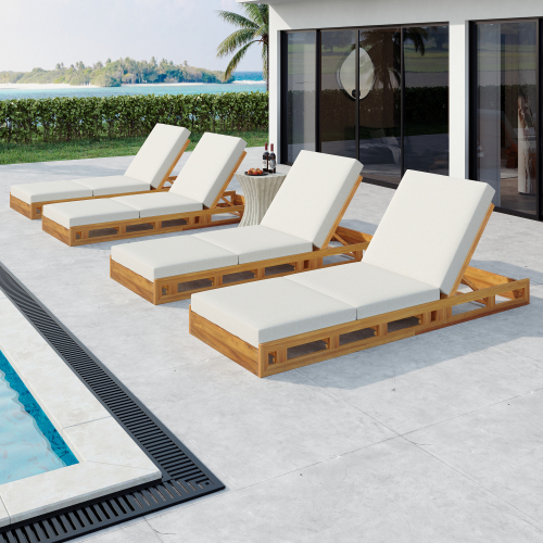 LOUNGE CHAISE SET, ACACIA WOOD WITH WATER-RESISTANT LOUNGE CUSHIONS (CREAM & 4 INCH THICK) - MATCHING DARK GREY VERSION AVAILABLE、、eastwooduniform