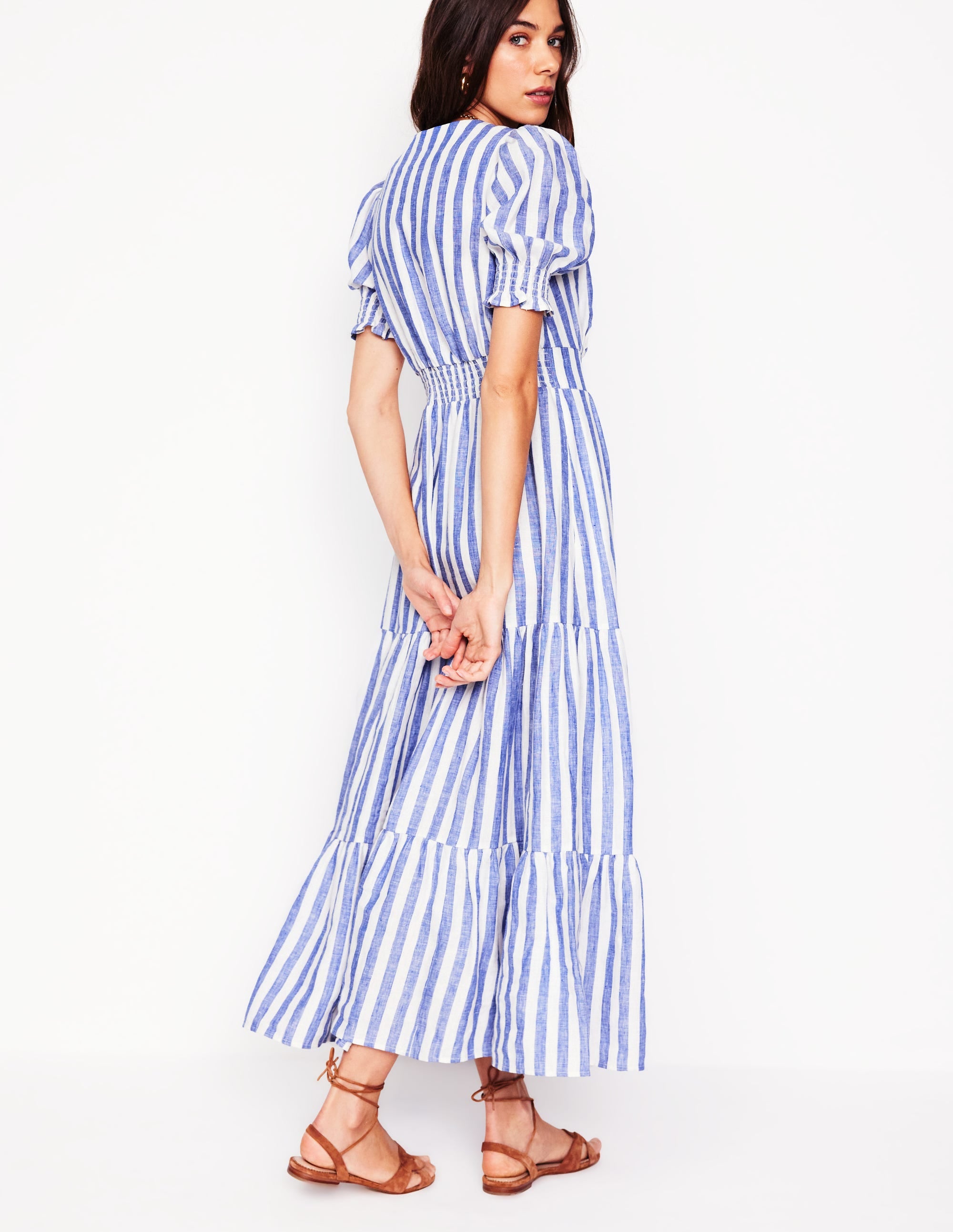  Anna Linen Tiered Midi Dress-Bright Blue Stripe、mySite、ashleygrahame