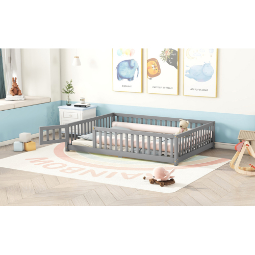 Twin Size Bed Floor Bed with Safety Guardrails and Door for Kids, Natural(Old SKU: W158090686)、、casual