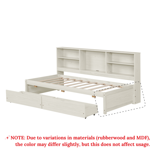 Twin Size Bed Frame With Side Bookshelves, Two Drawers, And Built-in USB Port For Natural Color、、xpatfood