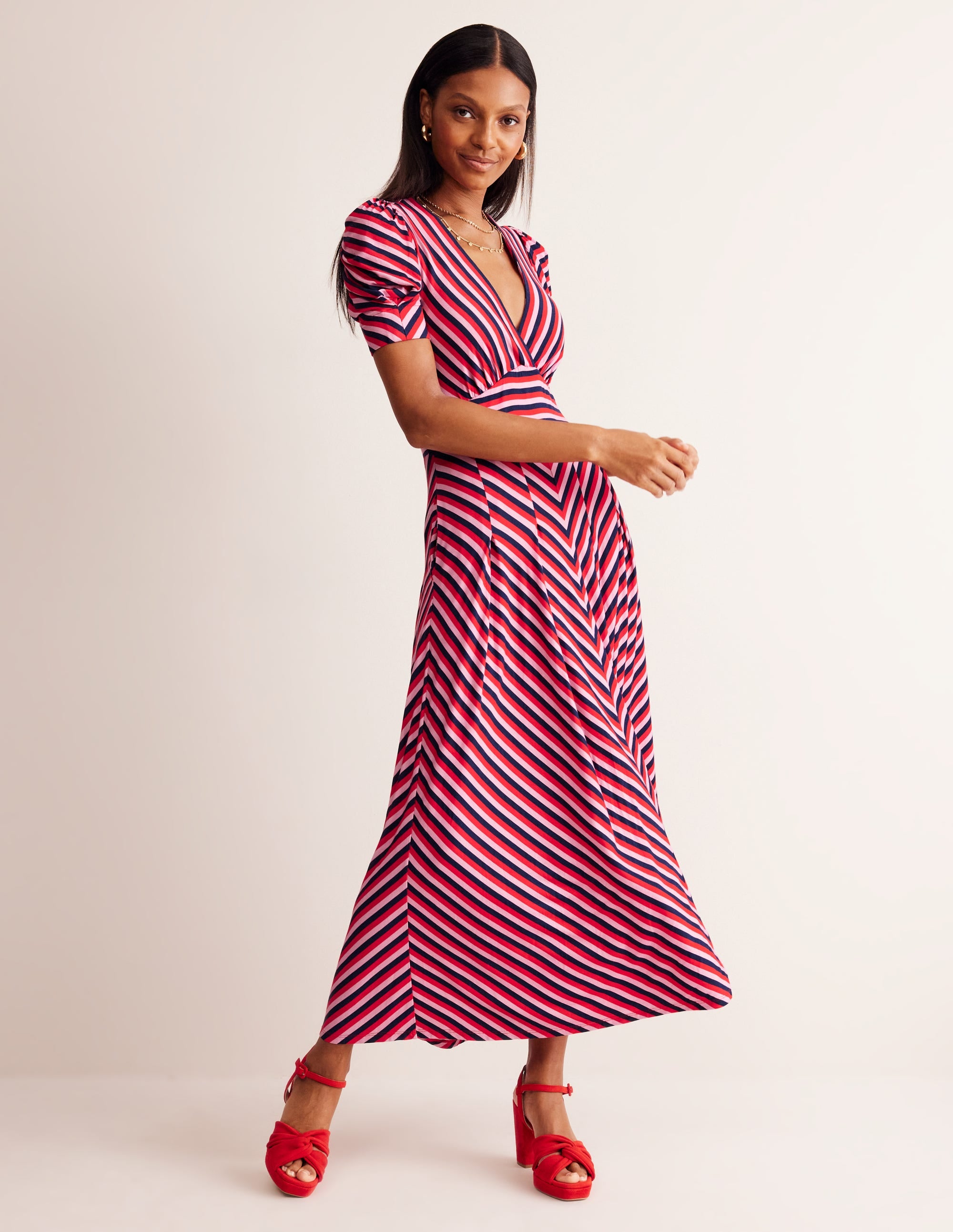  Kristen Pleated Jersey Dress-Rouge, Lilac Stripe、mySite、ashleygrahame