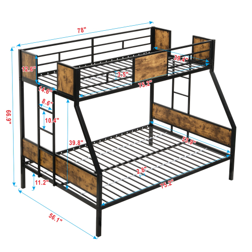Twin Over FULL Metal Bunk Bed with 2 - Side Ladder and Full-Length Guardrail, No Box Spring Needed, Large Under Bed Storage, Easy Assemble , Black & Brown、、casual