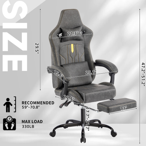 Gaming Chair, Video Game Chair with Massage Lumbar Support and Footrest, Comfortable Ergonomic Computer Chair with Linkage Armrests, Height Adjustable Racing Game Chair Pu Leather for Adults, Grey、、casual