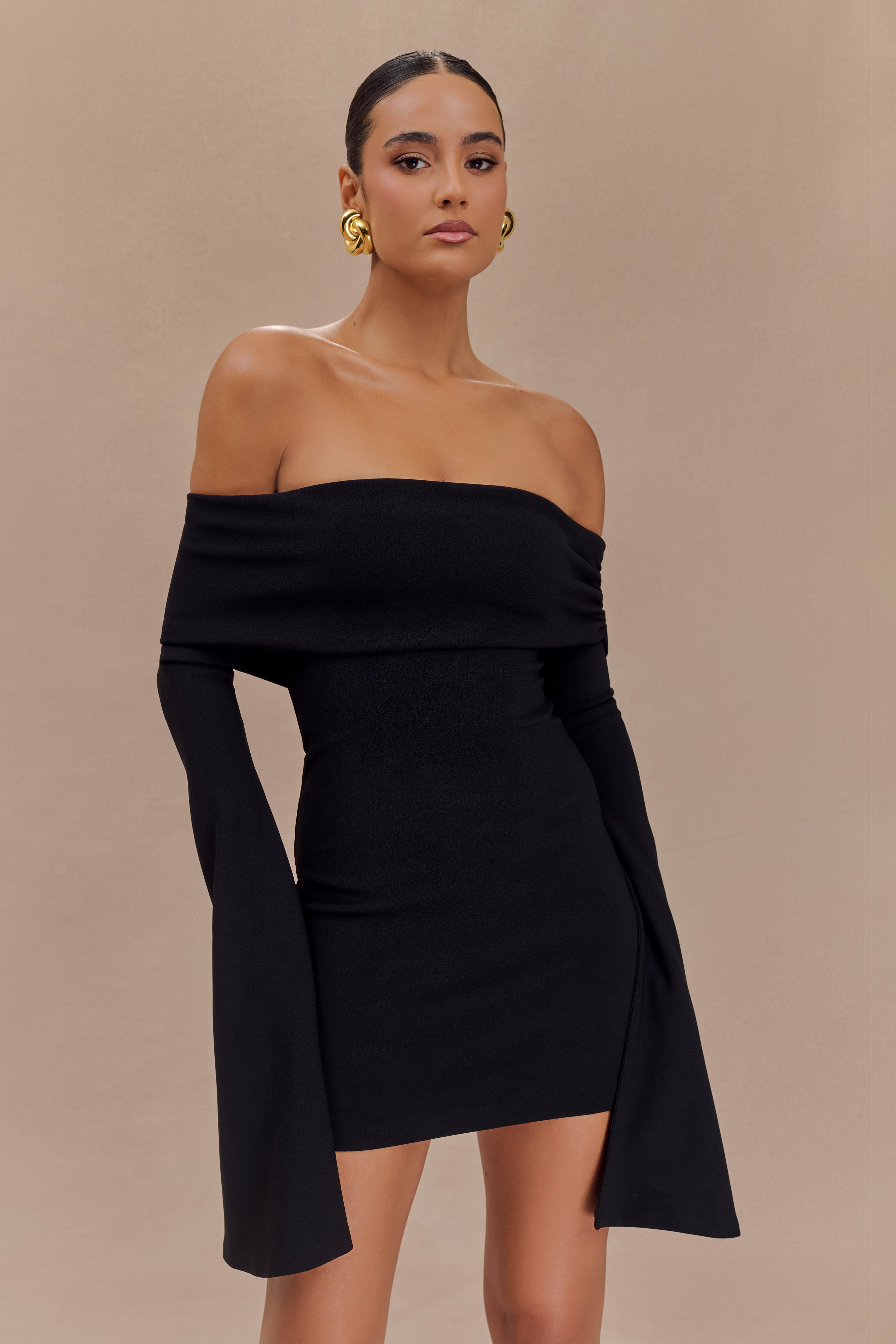Dominique Off Shoulder Long Sleeve Mini Dress - Black、mySite、solidvoid