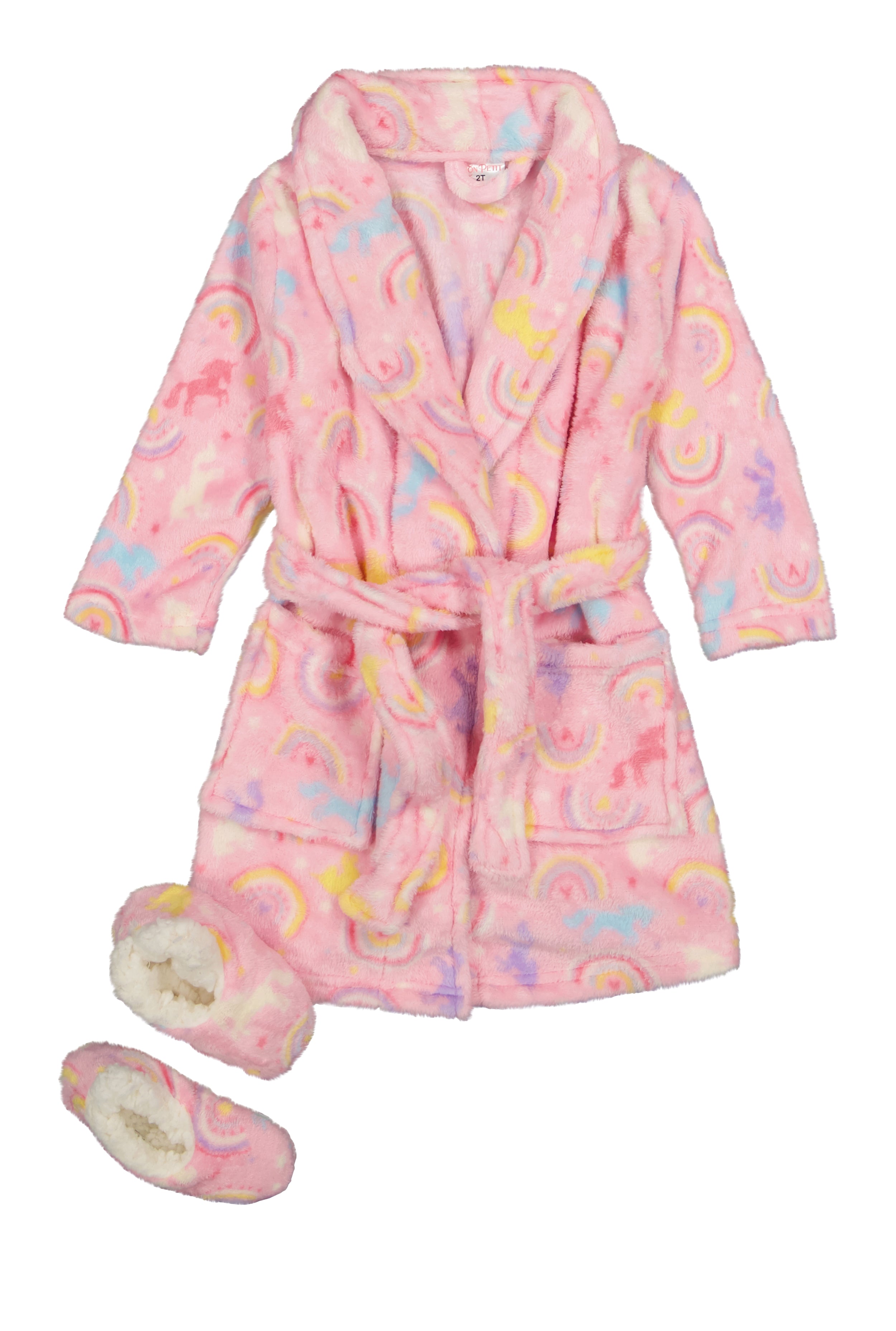 Toddler Girls Rainbow Print Bath Robe with Sherpa Slippers、mySite、camillekostekn