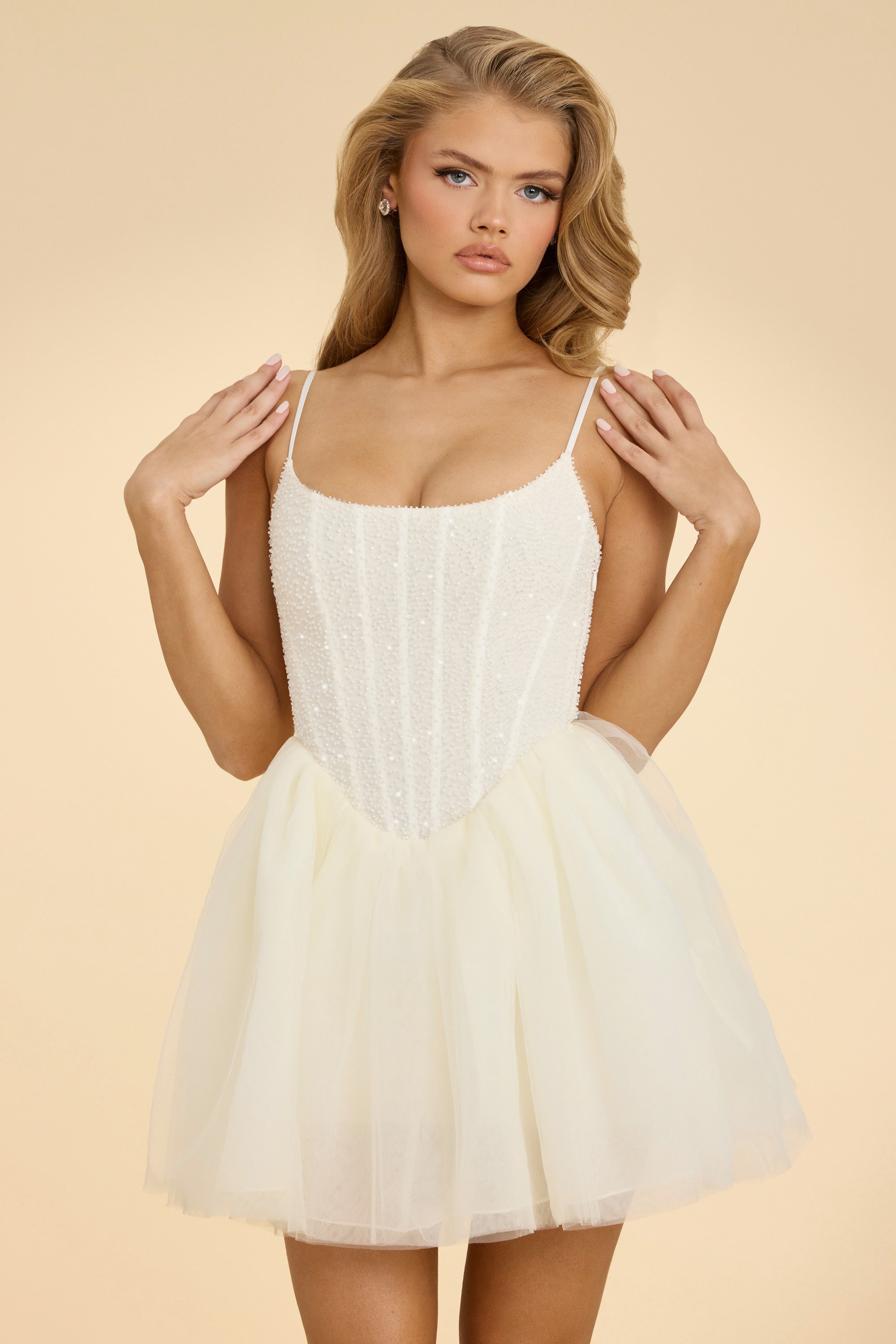 Embellished Corset Tulle Skirt Mini Dress in White、mySite、solidvoid