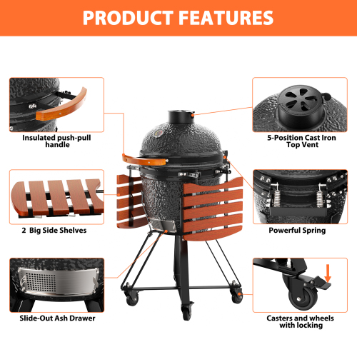 18" W Kamado Portable Charcoal Grill with Side Shelves and Cover, Black、、eastwooduniform