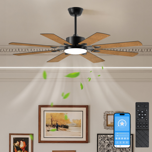 52 Inch Ceiling Fan with Lights and Remote Control, 8 Plywood Blades, 6-Speed Noiseless Reversible DC Motor, 3CCT, Windmill Ceiling fan for Kitchen Bedroom Living Room, Black、、eastwooduniform