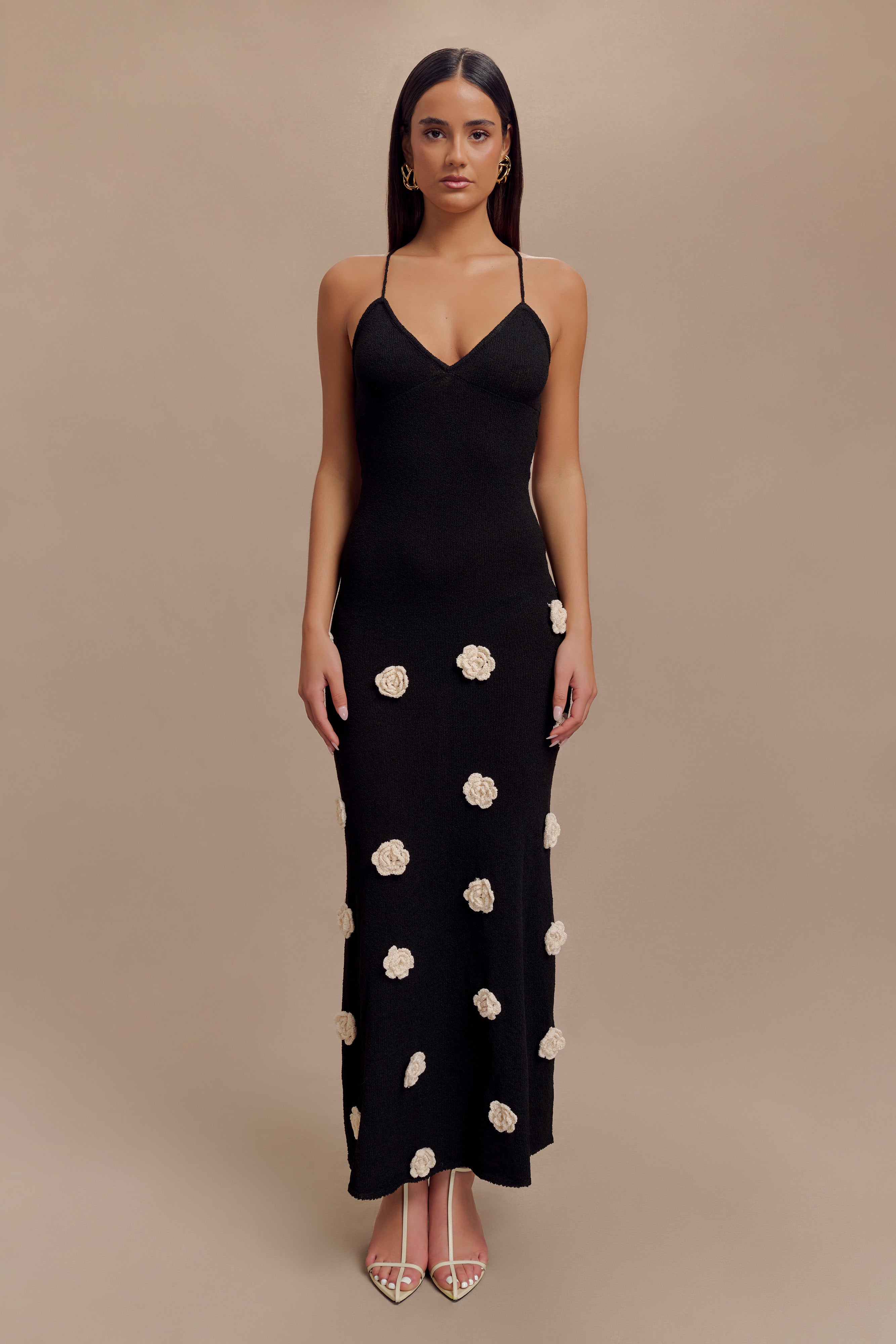 Suki Knit Maxi Dress With Flowers - Black/White、mySite、solidvoid