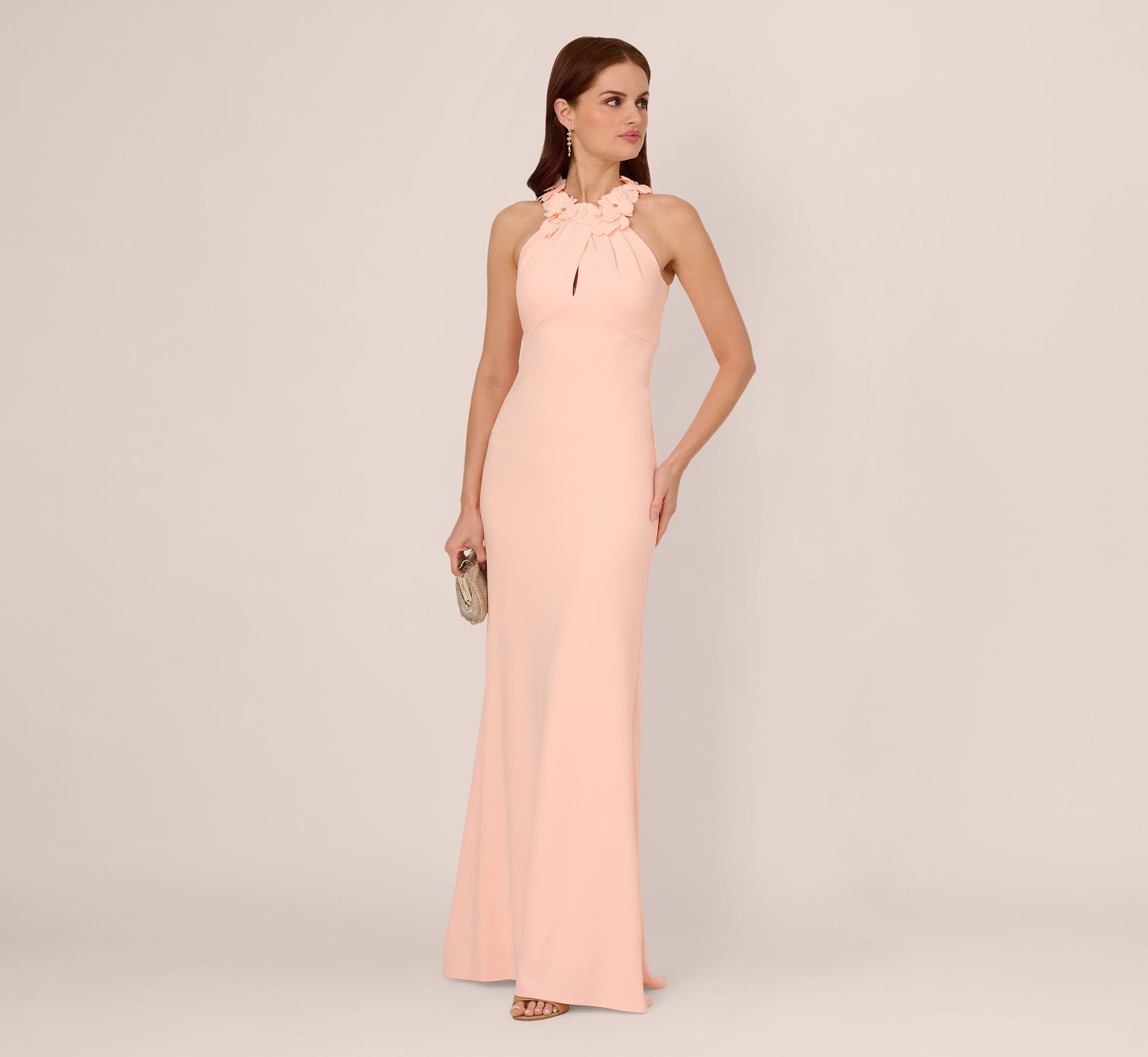 Floral Embellished Crossover Halter Gown In Peach Kiss、mySite、solidvoid