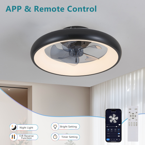 20" Black LED Ceiling Fan Light – Dimmable & Adjustable Color Temperature, APP & Remote Control, Modern Smart Ceiling Fan for Living Room, Bedroom, and Dining Room (Silent/6-Speed/Reversible/DC Motor)、、eastwooduniform