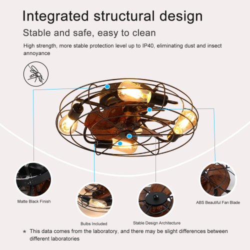 Caged Ceiling Fan With Light, 20'' farmhouse Low Profile Ceiling fan Lights With Remote Control, Modern Enclosed 4x E26 Bulb Ceiling Fans With Reversible Motor Living Room Bedroom Kitchen, Black、、eastwooduniform