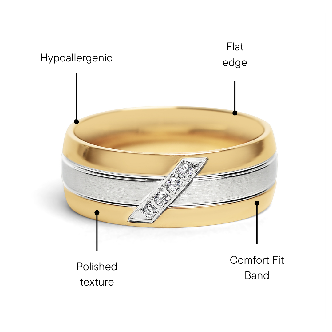 Gold Polished Groove Pattern Stainless Steel Ring With CZ Accents / ZRJ0030、mySite、dreamappss