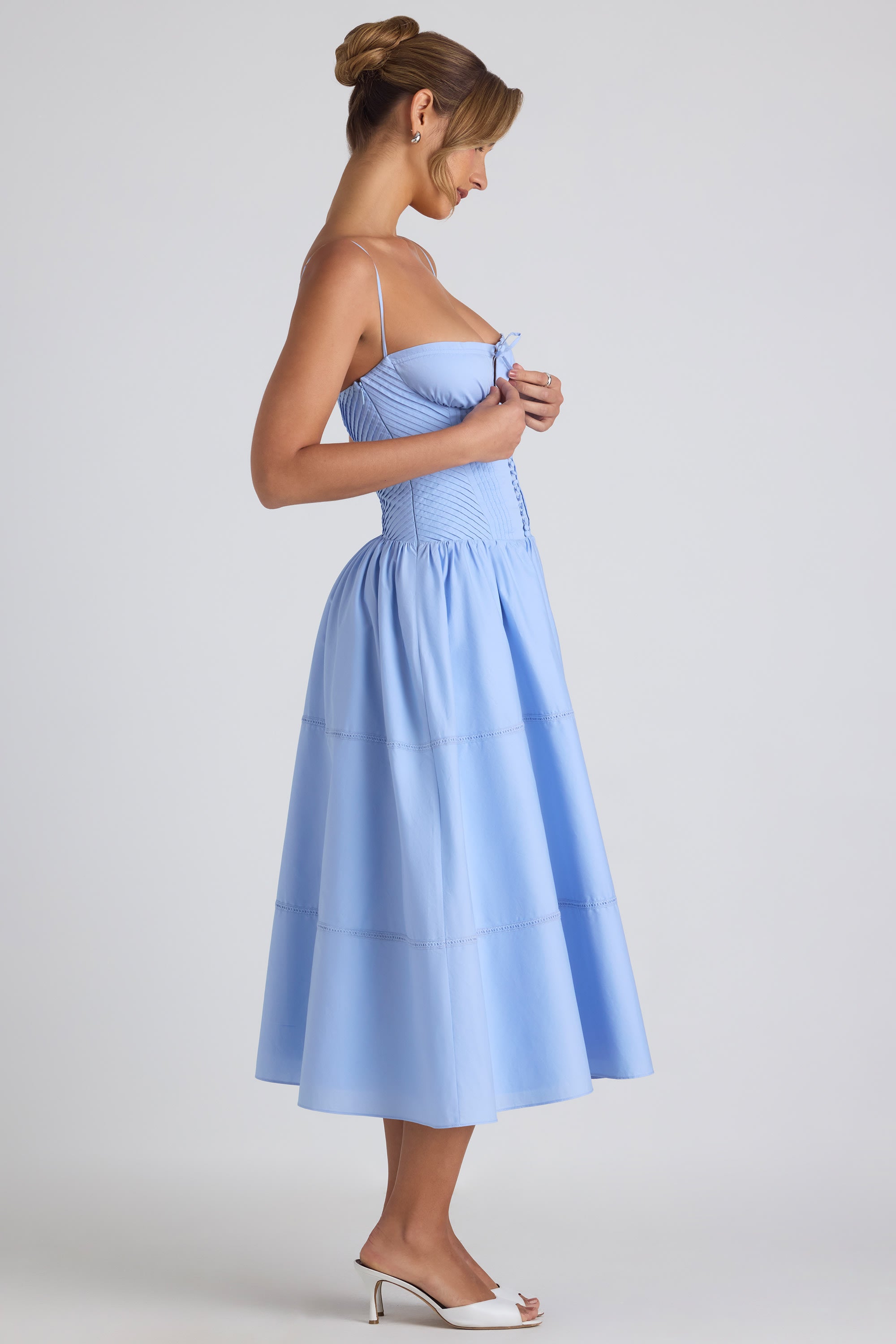 Lace-Trim Pintucked Poplin Midaxi Dress in Sky Blue、mySite、solidvoid