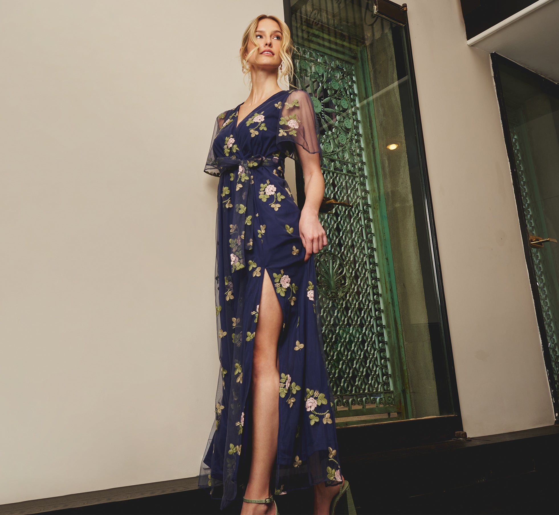 Floral Embroidered Maxi Dress With Sheer Flutter Sleeves In Navy Multi、mySite、solidvoid