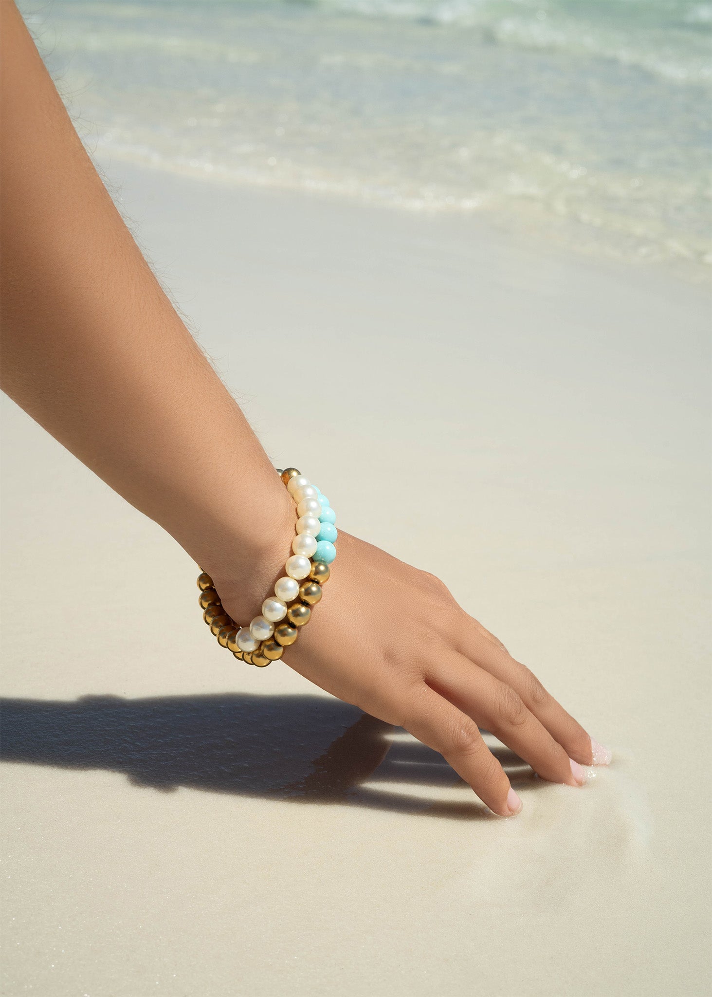 18K Gold PVD Stainless Steel Semi Precious Beaded Stretch Bracelets / SBB0355、mySite、dreamappss