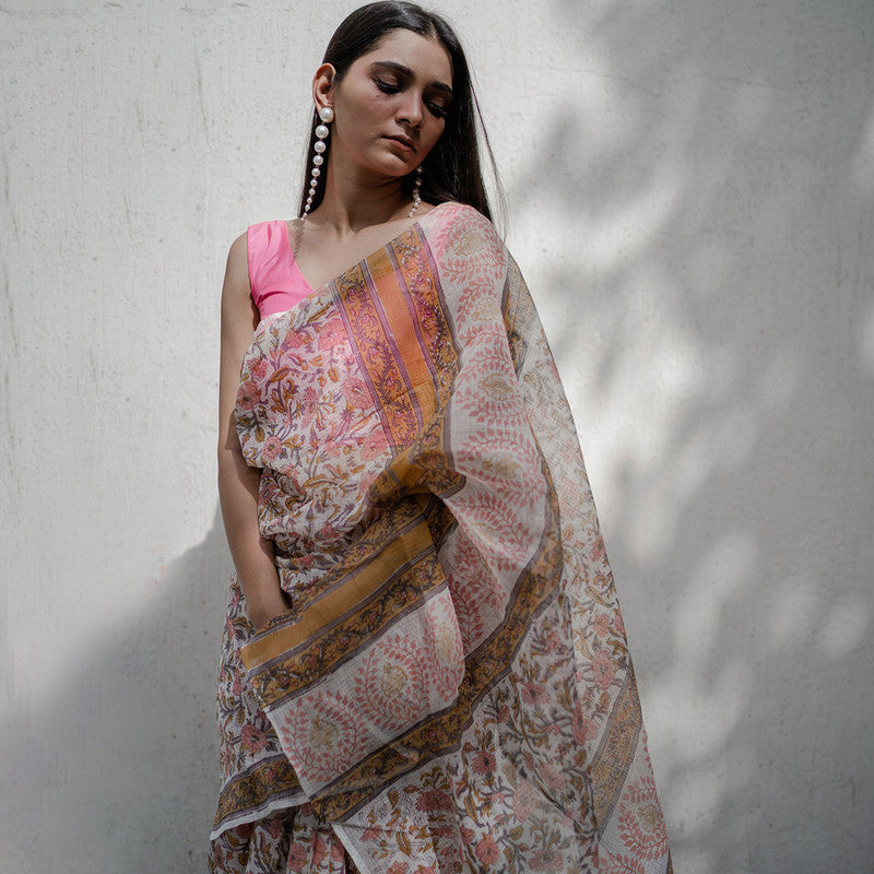Festive Wear | Kota Doria Sanganeri Print Saree | Beige & Pink、mySite、camillekostekn