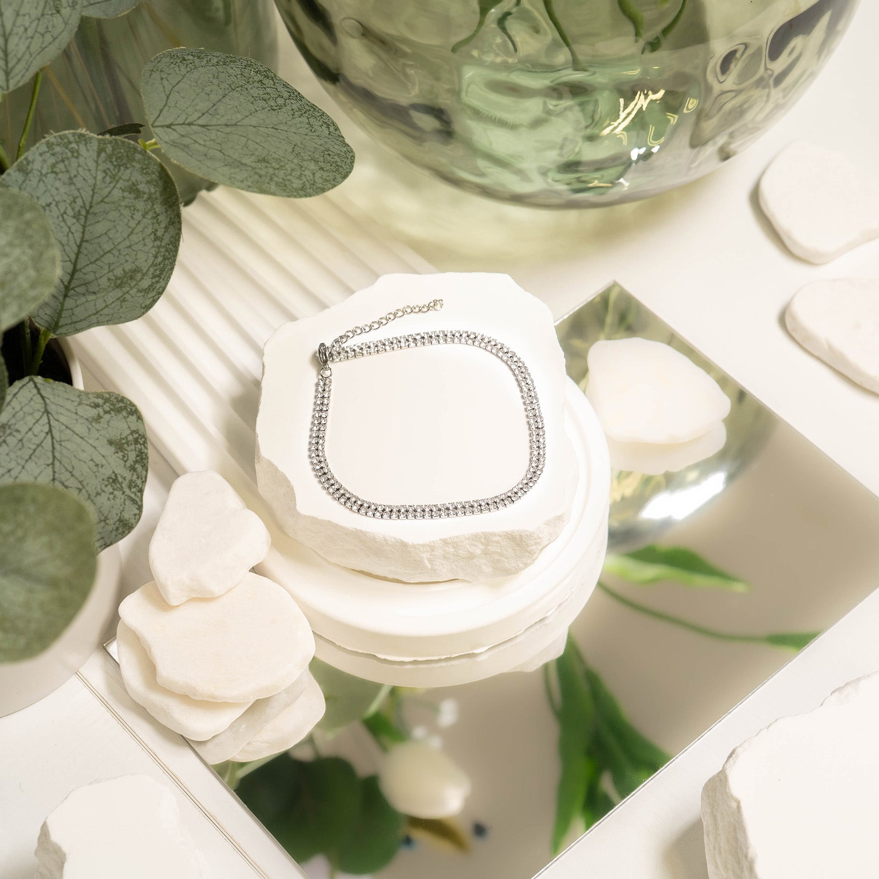 18K Gold PVD Stainless Steel Double Row Rhinestone Anklet / BRJ1057、mySite、dreamappss