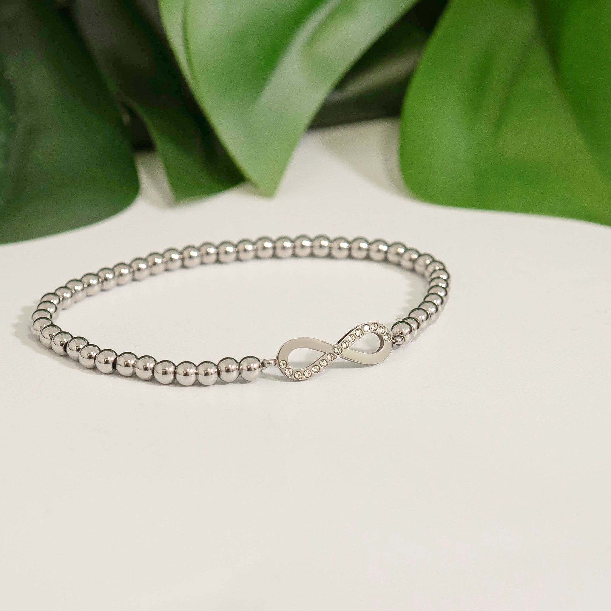 18K Gold PVD Stainless Steel Stone Infinity Sign Metal Beaded Stretch Bracelet / BRJ1017、mySite、dreamappss