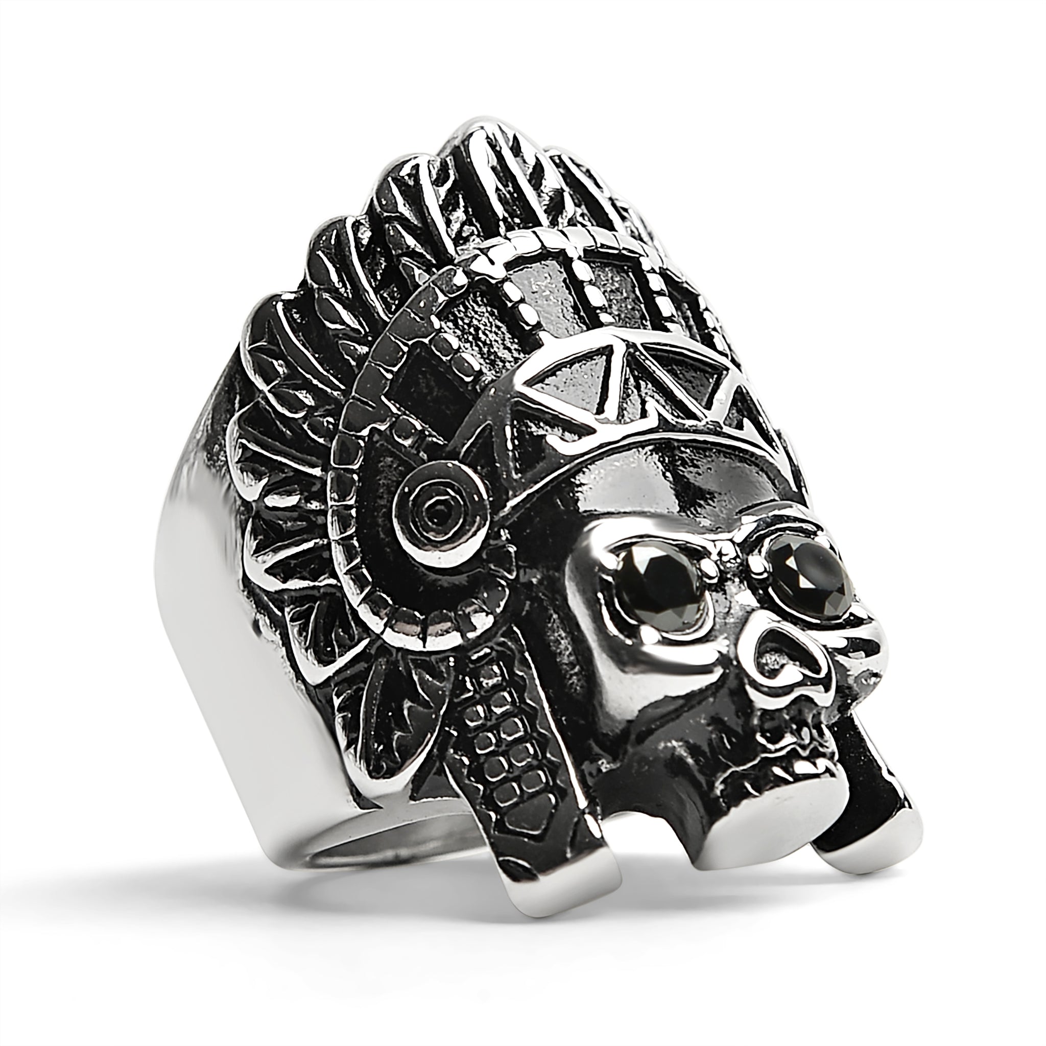 Stainless Steel Black CZ Eyed Native American Chief Skull Ring / SCR4011、mySite、dreamappss