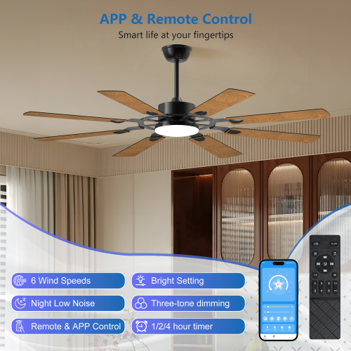 52 Inch Ceiling Fan with Lights and Remote Control, 8 Plywood Blades, 6-Speed Noiseless Reversible DC Motor, 3CCT, Windmill Ceiling fan for Kitchen Bedroom Living Room, Black、、eastwooduniform