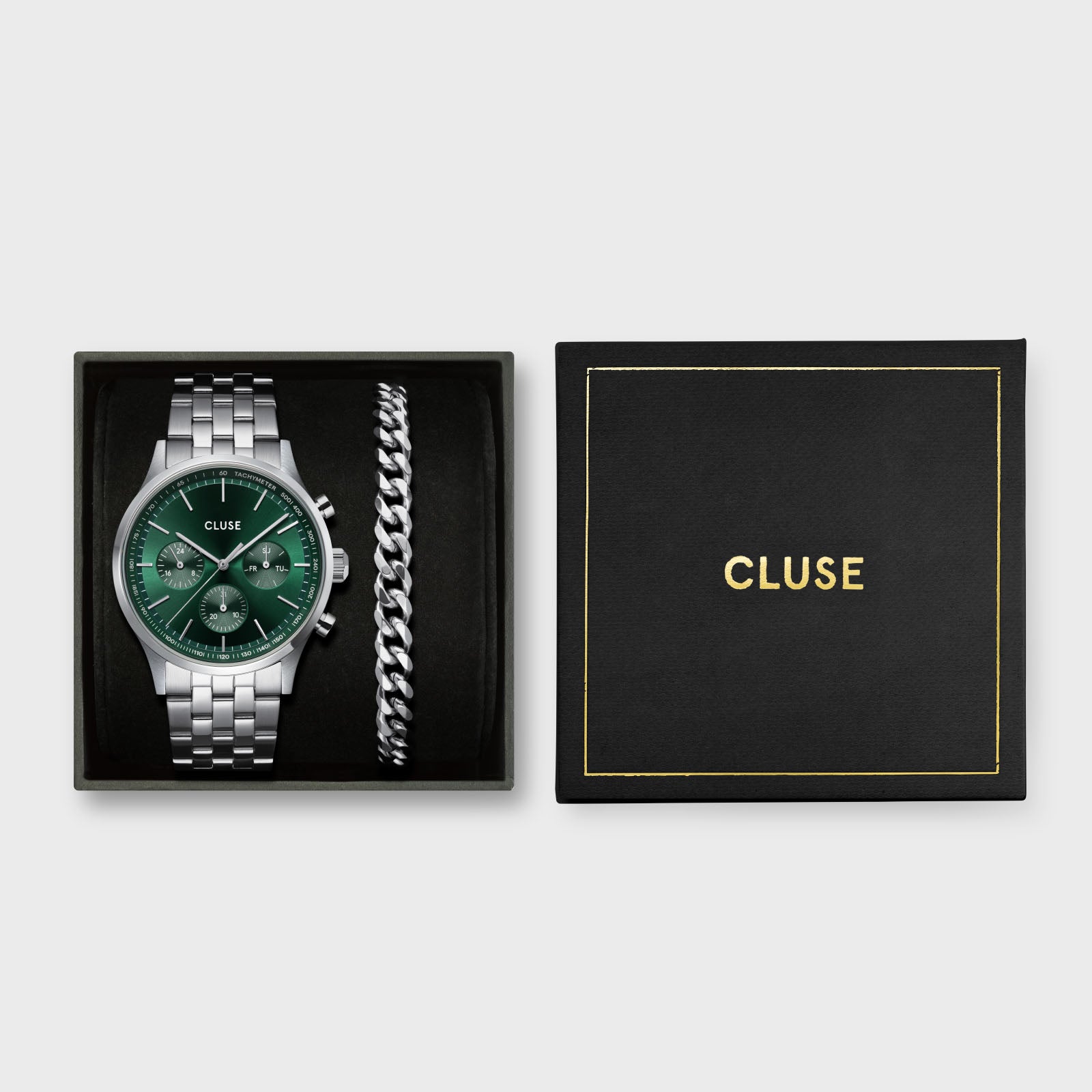 Gift Box Anthéor Multifunction Watch Steel, Green & Cuban Chain Bracelet, Silver Colour、mySite、botmansion