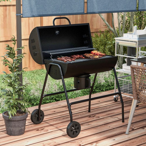 Outsunny Barrel Charcoal BBQ Grill with 420 sq.in. Cooking Area, Outdoor Barbecue with Wheels, Ash Catcher and Built-in Thermometer for Patio Picnic, Backyard Party, Black、、eastwooduniform