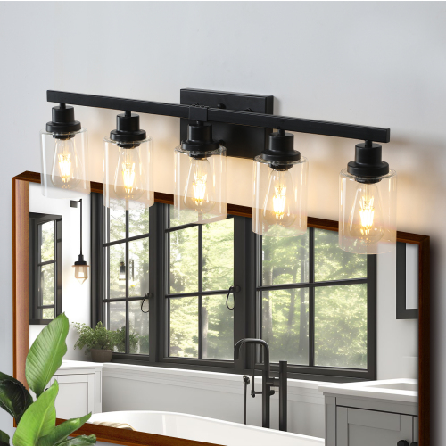 (Same as W1340P197620/L001010-B4) 24" Modern Black 4-Light Bathroom Vanity Light Fixture, Industrial Wall Sconce with Clear Glass Shades for Mirror, Bathroom, Bedroom, and Hallway (No Bulbs)、、eastwooduniform