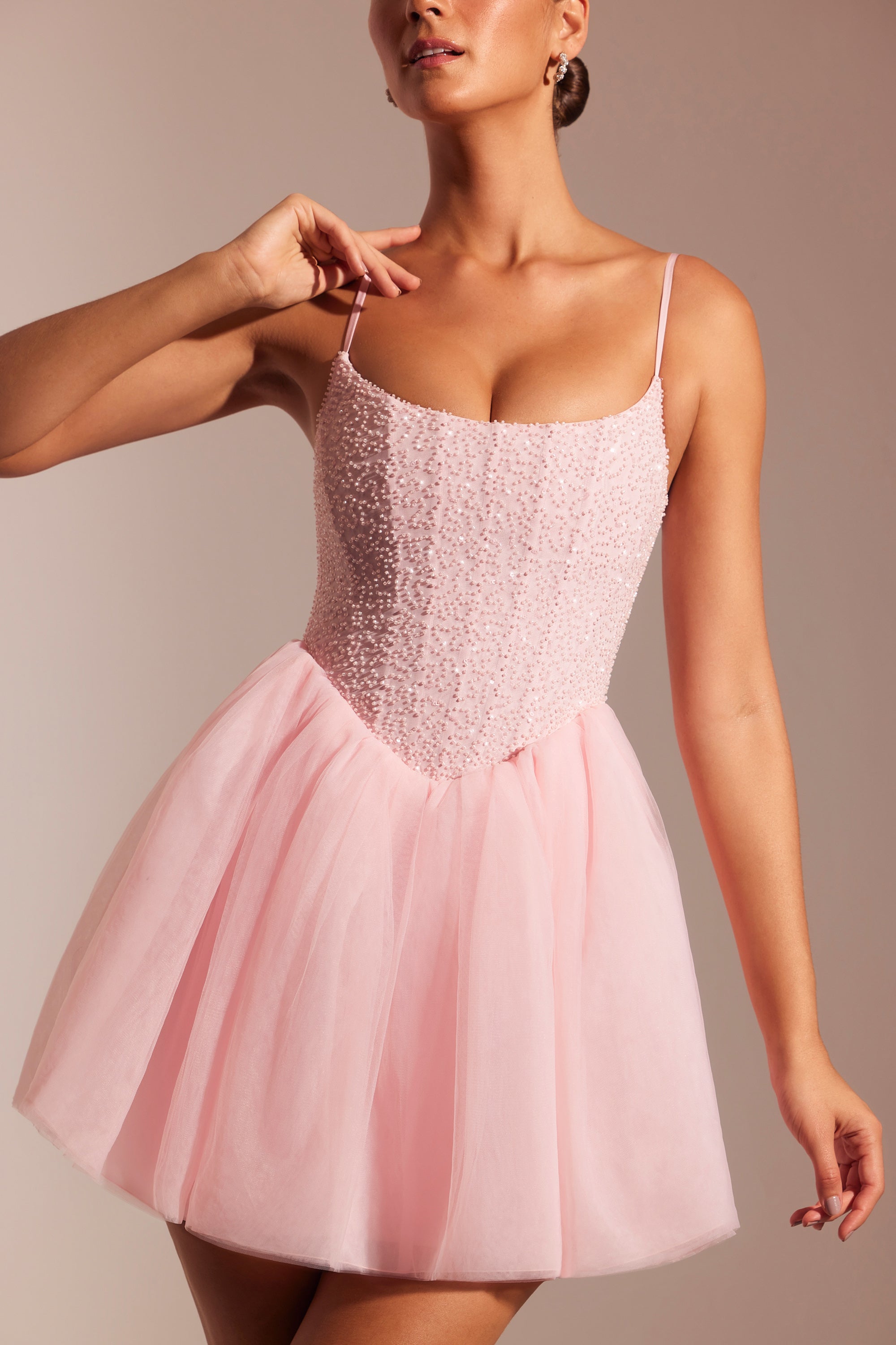 Embellished Corset Tulle Skirt Mini Dress in Blush、mySite、solidvoid