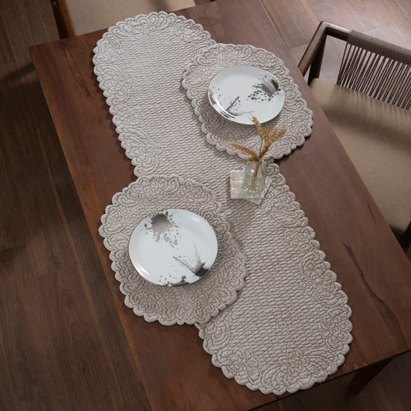 Cotton Dining Mat Set | Table Runner & Placemats | Beige | Set of 7、mySite、camillekostekn