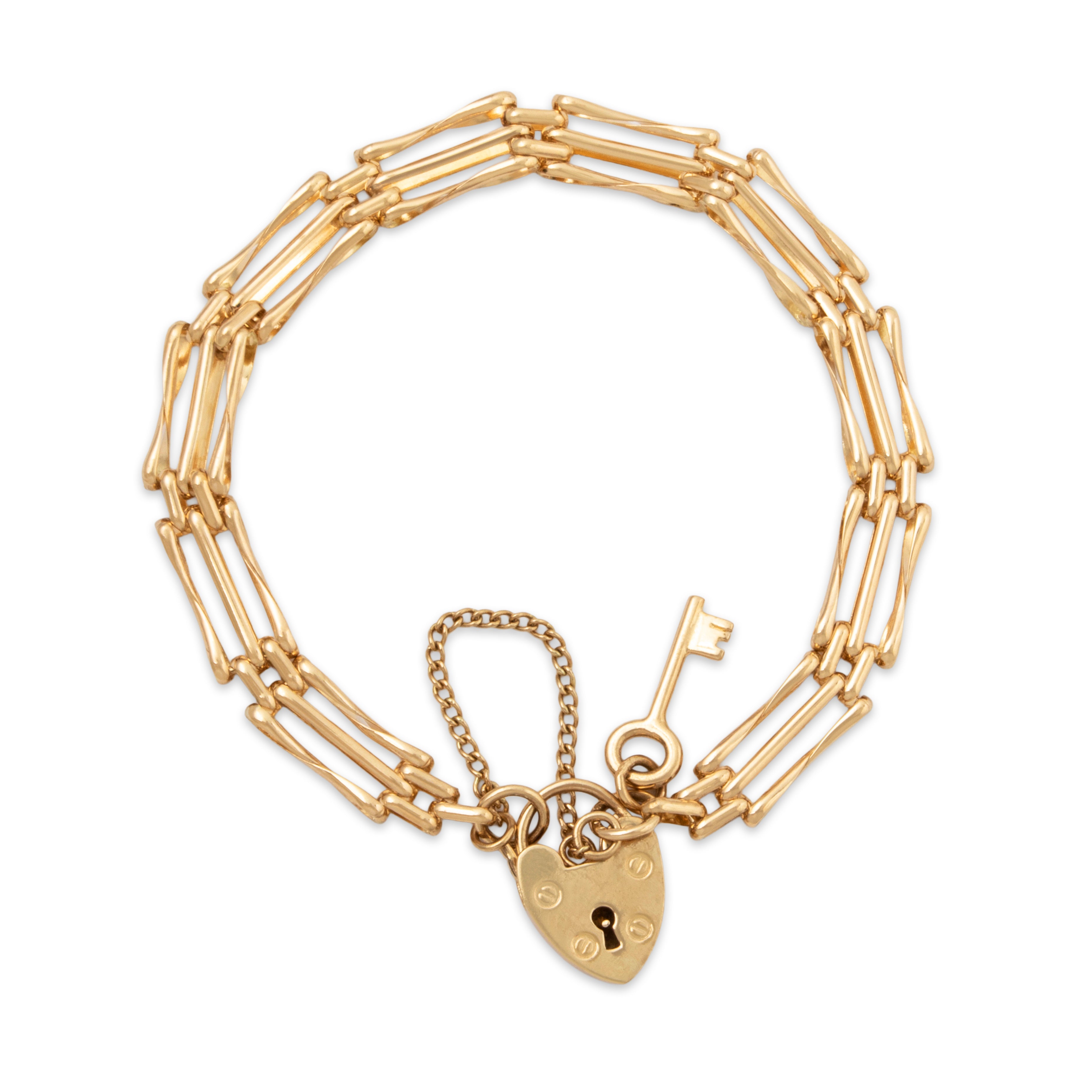 Vintage English 14k Yellow Gold Heart & Key Clasp Link Bracelet 7.25、mySite、hinf8tx79