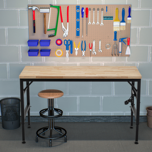 Adjustable Height Workbench, 60" Rubber Wood Top Heavy duty Workstation with Power Outlets, 2000 LBS Load Capacity Hardwood Worktable for Workshop, Garage, Office, Home, Commercial、、casual