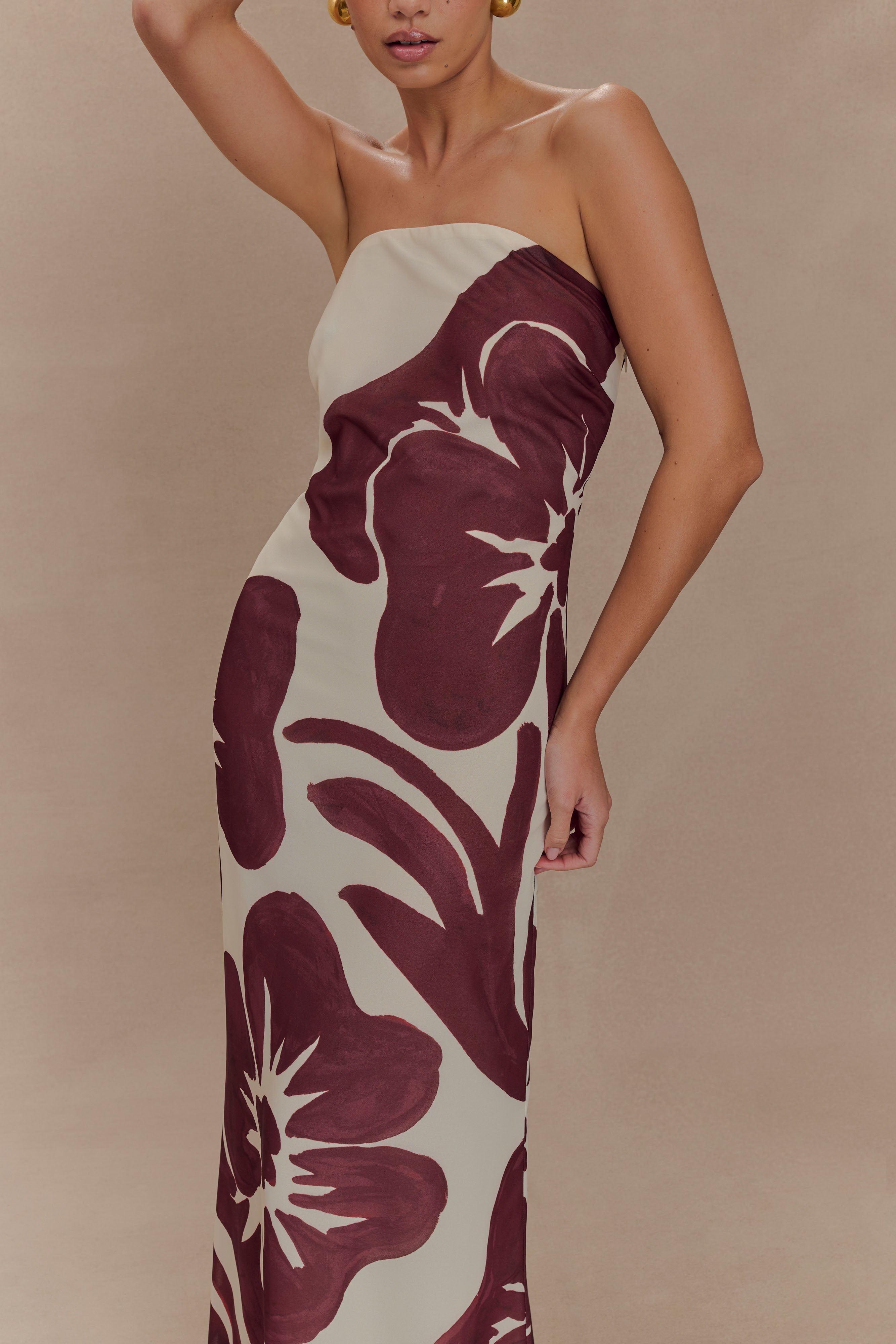 Amaya Strapless Chiffon Maxi Dress - Brown Deco Fleur Print、mySite、solidvoid